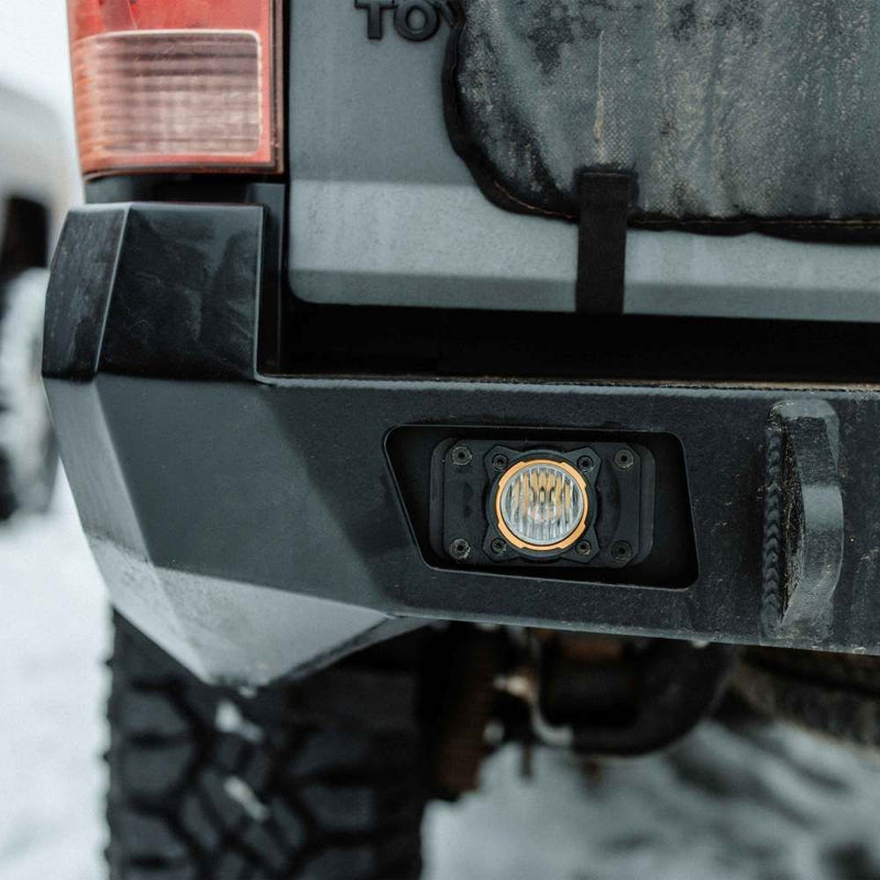 KC HiLiTES FLEX ERA 1 Flush Mount Faceplate, FLEX ERA 1 flush mounted in a rear steel bumper