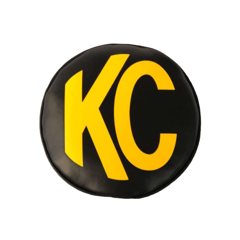 KC HiLiTES 6" Round Light Cover & Shield, black soft vinyl cover with yellow KC logo, front view