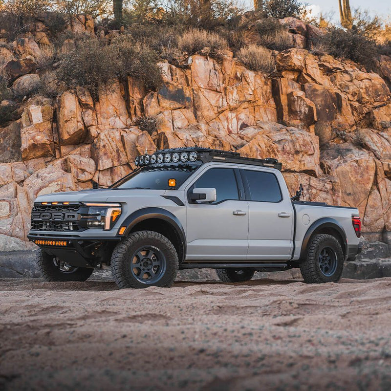KC HiLiTES Platform One Roof Rack, Ford Raptor with the Platform One roof rack and roof lights in the desert