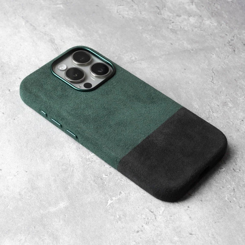 alcantara elegance premium iphone case luxurious texture dual green black alcantara iphone case angled view