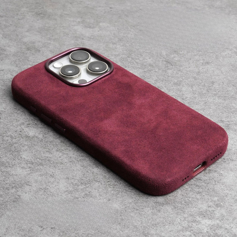 alcantara elegance premium iphone case luxurious texture red alcantara iphone case angled view camera control button