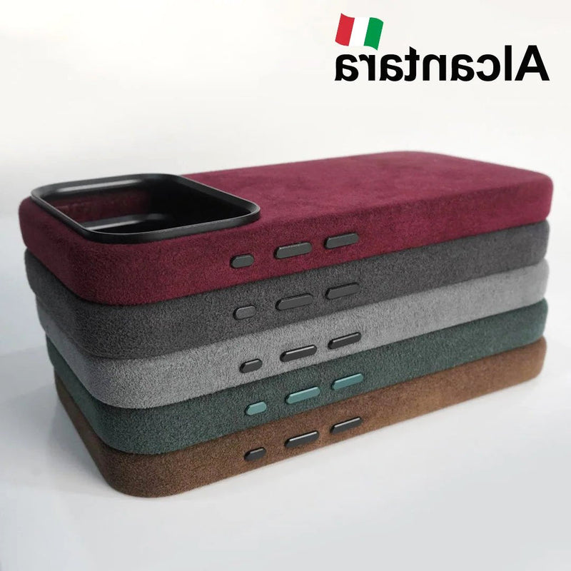 ALCANTARA ELEGANCE PREMIUM IPHONE CASE LUXURIOUS TEXTURE stack multiple colors red dark gray light gray green brown