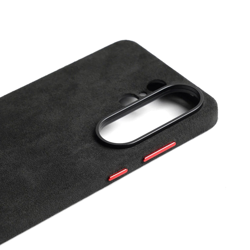 Alcantara Luxe Premium Samsung Galaxy Case Textured Finish black alcantara case close up camera cutout red buttons
