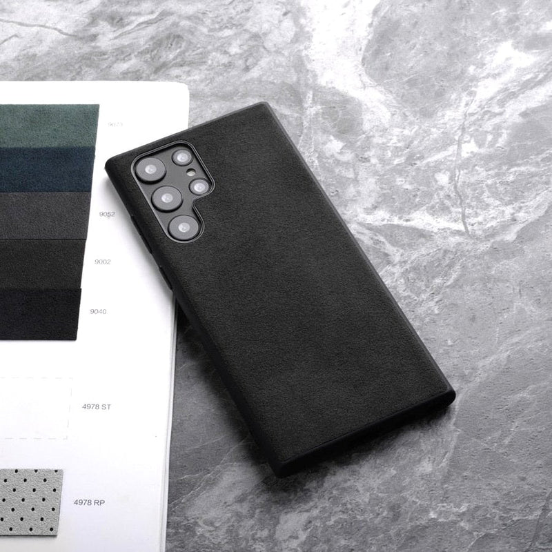 Alcantara Luxe Premium Samsung Galaxy Case Textured Finish black s25 ultra case on marble with color swatches