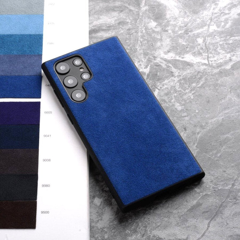 Alcantara Luxe Premium Samsung Galaxy Case Textured Finish blue s23 ultra case on marble with color swatches
