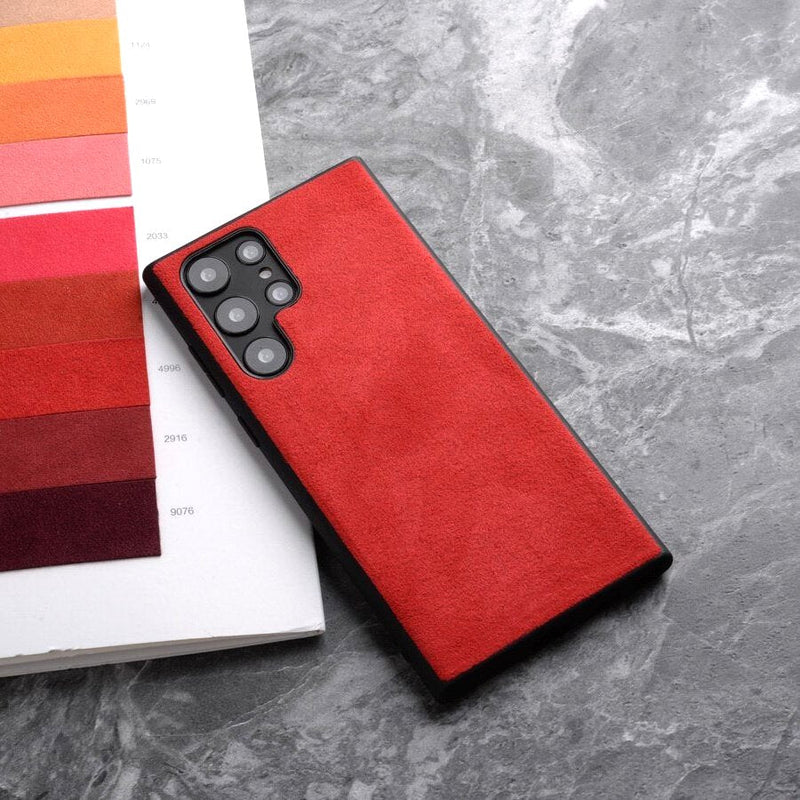 Alcantara Luxe Premium Samsung Galaxy Case Textured Finish red s25 ultra case on marble with color swatches