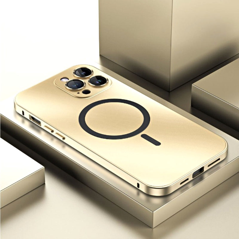 Aluminum Luxe Premium Iphone Case Snap Lock Feature gold magsafe iphone 14 pro max angled back view