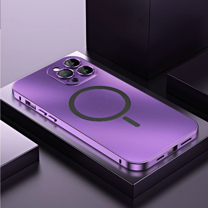 Aluminum Luxe Premium iPhone Case Snap Lock Feature purple magsafe case iphone 15 pro max angled view