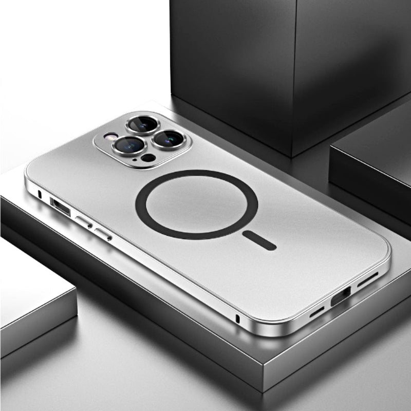 Aluminum Luxe Premium iPhone Case Snap Lock Feature silver magsafe case iphone 16 pro max lying geometric blocks