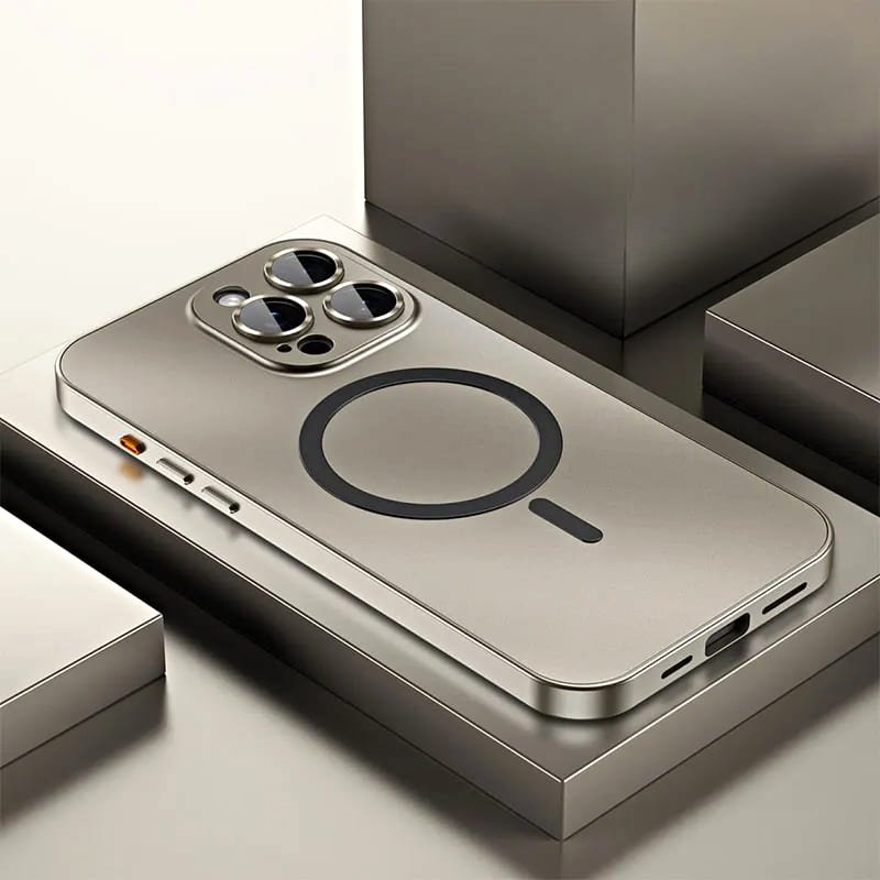 Aluminum Luxe Premium Iphone Case Snap Lock Feature silver magsafe iphone 16 pro max angled back view