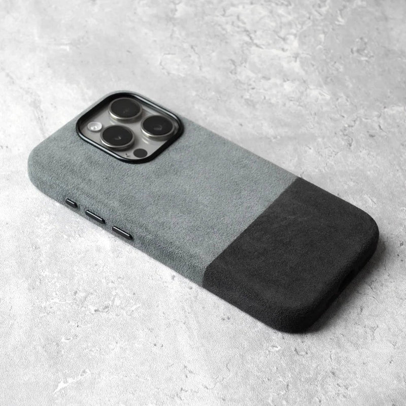 Alcantara Elegance Premium iPhone Case dual light gray back side view textured surface