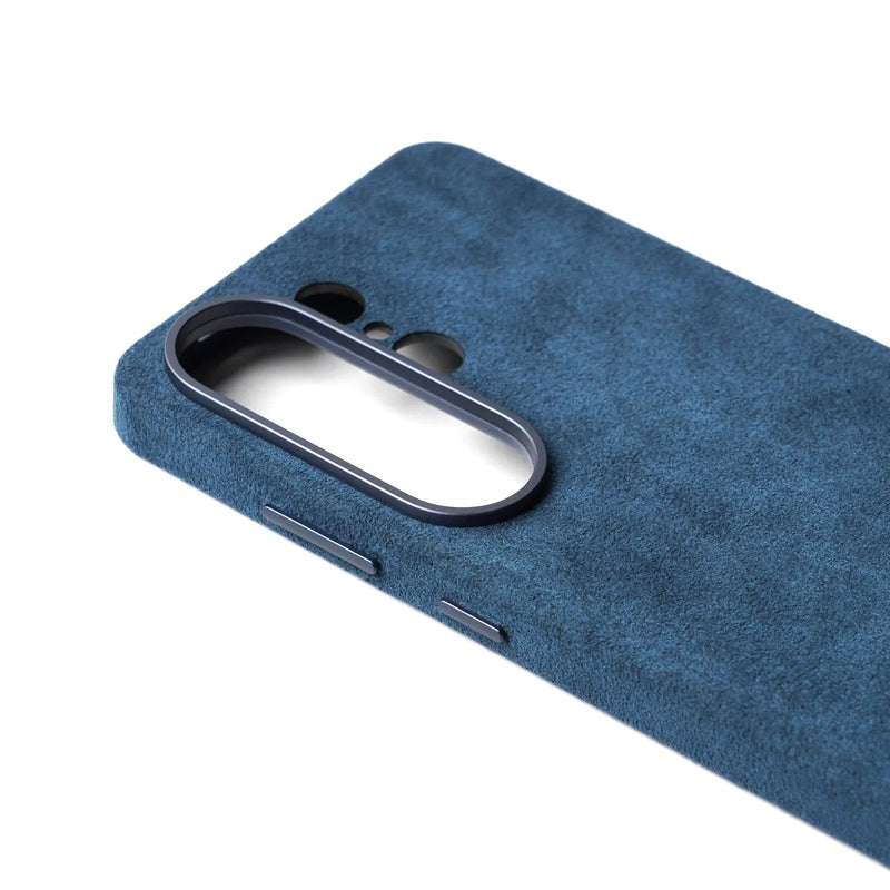 Alcantara Luxe Premium Samsung Galaxy Case Textured Finish close up grey blue case camera cutout side buttons
