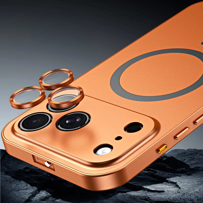 Aluminum Luxe Premium iPhone Case Snap Lock Feature close up camera lens protectors cosmic orange case
