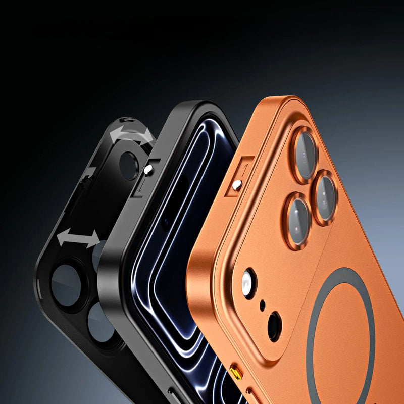Aluminum Luxe Premium iPhone Case Snap Lock Feature exploded view snap lock mechanism cosmic orange black cases