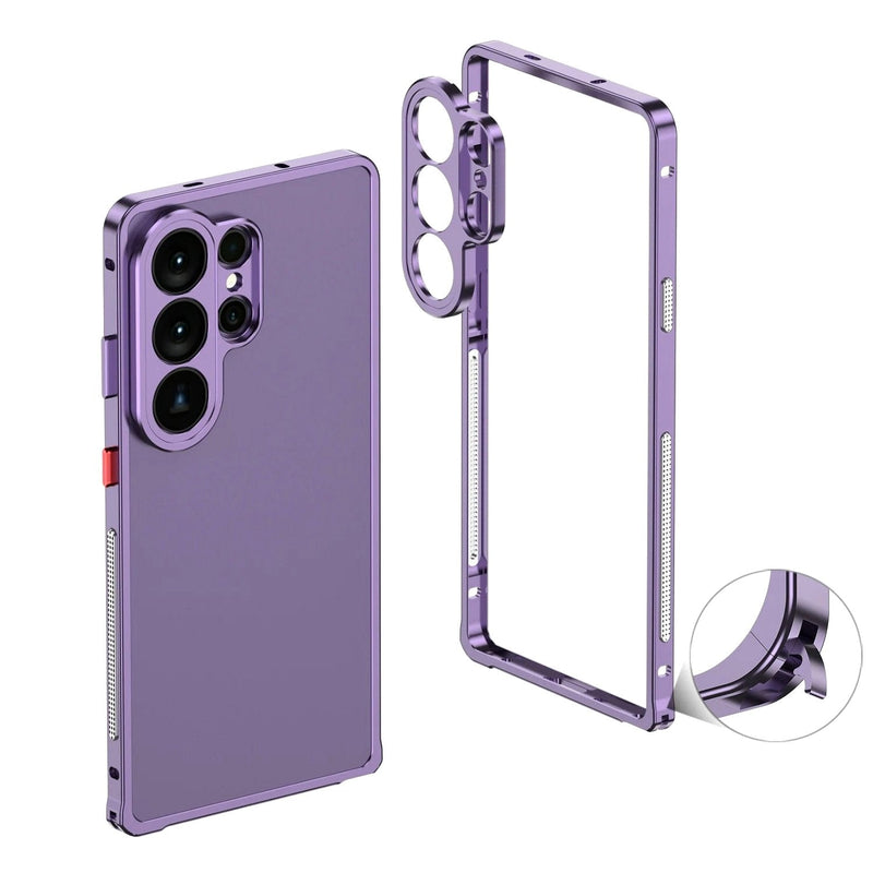 Aurum Shield Aluminum Metal Bumper Case Luxe Finish Samsung purple bumper case disassembled showing frame camera cutouts and assembled case