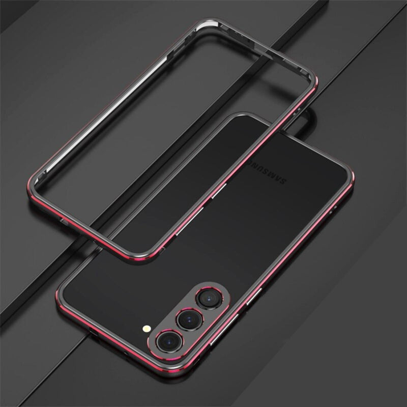 Aurum Shield Aluminum Metal Bumper Case Luxe Finish Samsung S25 black red bumper case on phone dark surface
