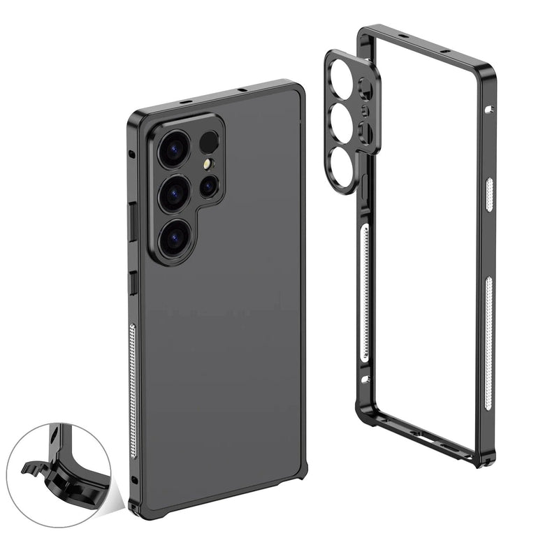 Aurum Shield Aluminum Metal Bumper Case Luxe Finish Samsung S25 Ultra black vent exploded view clasp detail