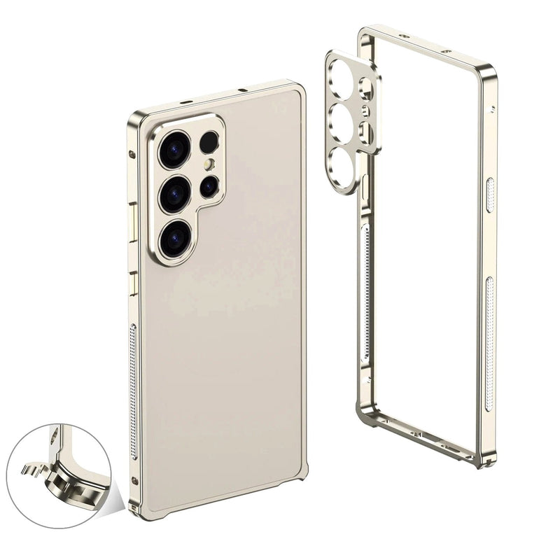 Aurum Shield Aluminum Metal Bumper Case Luxe Finish Samsung S25 Ultra silver vent exploded view clasp detail