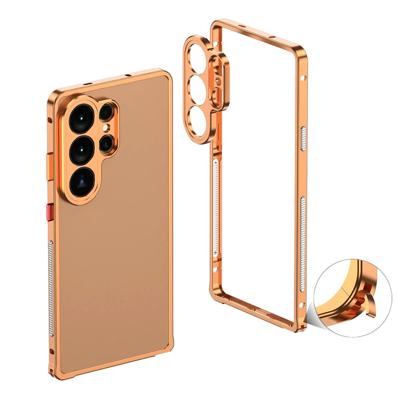 Aurum Shield Aluminum Metal Bumper Case Luxe Finish Samsung S26 Ultra orange vent exploded view clasp detail