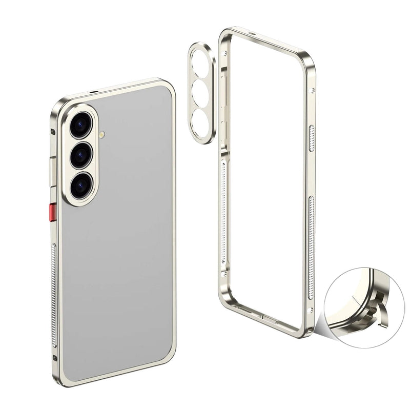 Aurum Shield Aluminum Metal Bumper Case Luxe Finish Samsung silver bumper case disassembled showing frame camera cutouts and assembled case