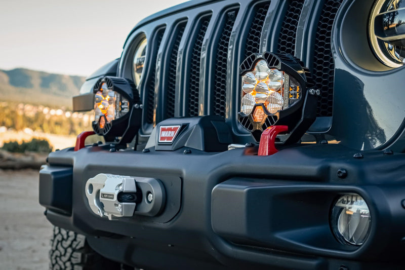 Baja Designs LP4 Pro Bumper Light Kit for 2018-2026 Jeep Wrangler JL / 2020-2026 Gladiator JT (OE steel bumper), shown installed on a vehicle