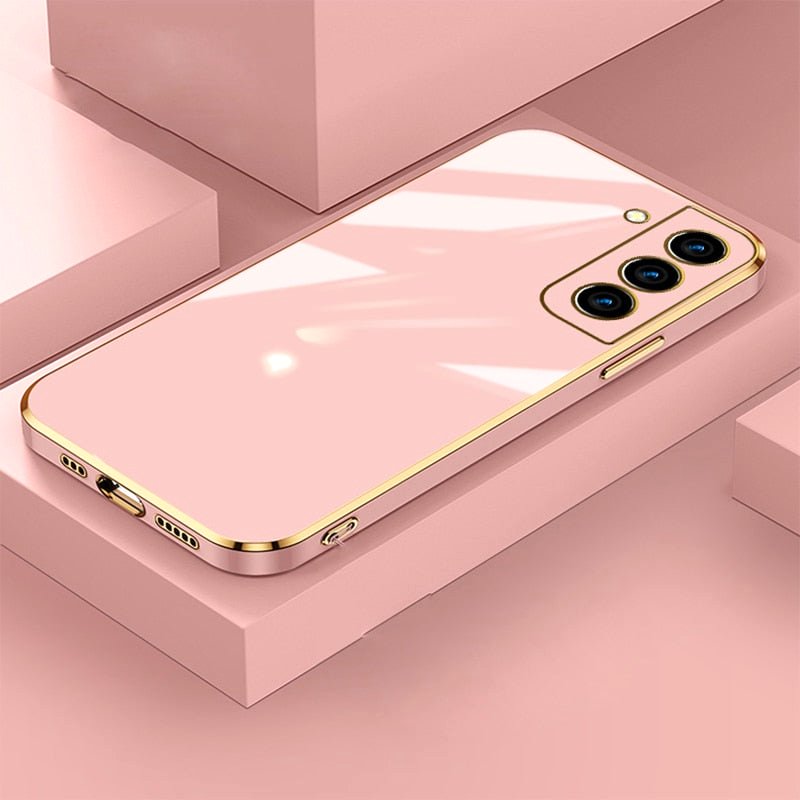 Luxe Horizon Premium Samsung Case Sleek Matte Finish pink gold trim s25 case angled view