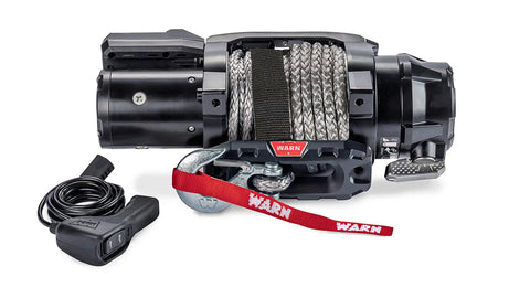 Warn ZEON XC 12-S short-drum winch for Fully Hidden Kits, studio view showing the narrowed drum with Spydura Pro rope, shortened hawse fairlead, hook strap and corded remote