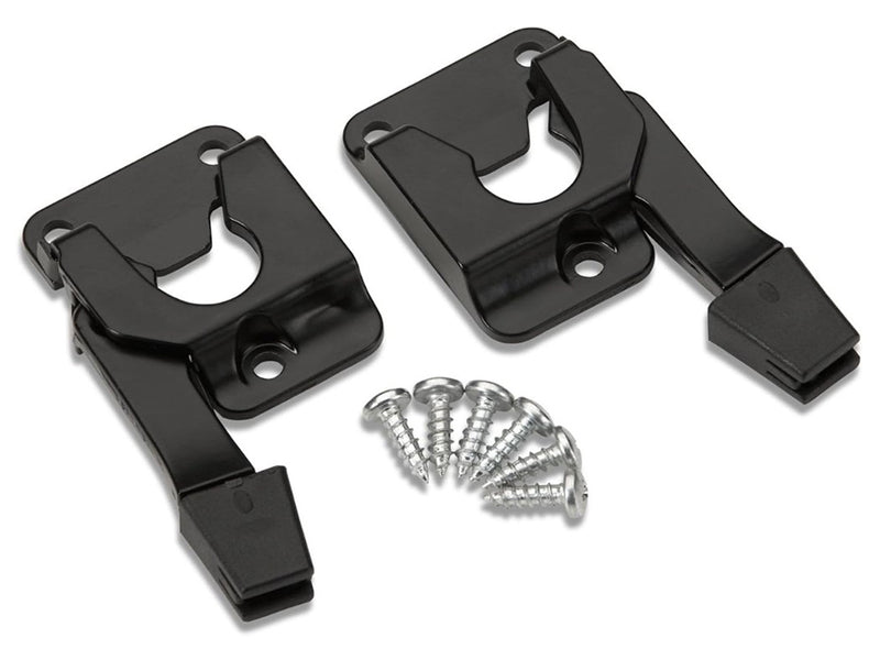 Pair of black hook-style receiver brackets with self-tapping screws, BedXTender mounting kit on white