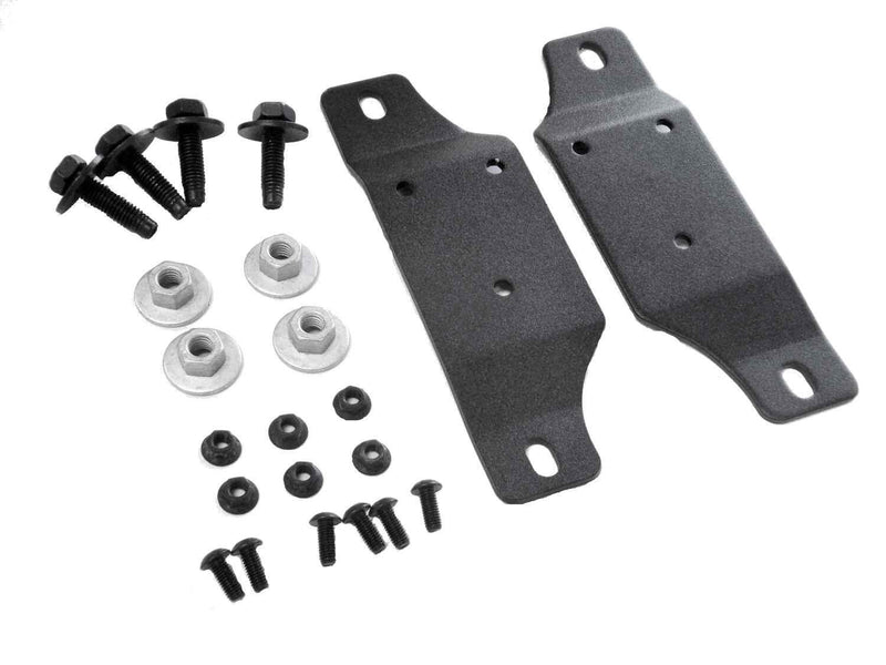 Pair of black flat mounting straps with bolts, flange nuts and push clips, BedXTender mounting kit on white