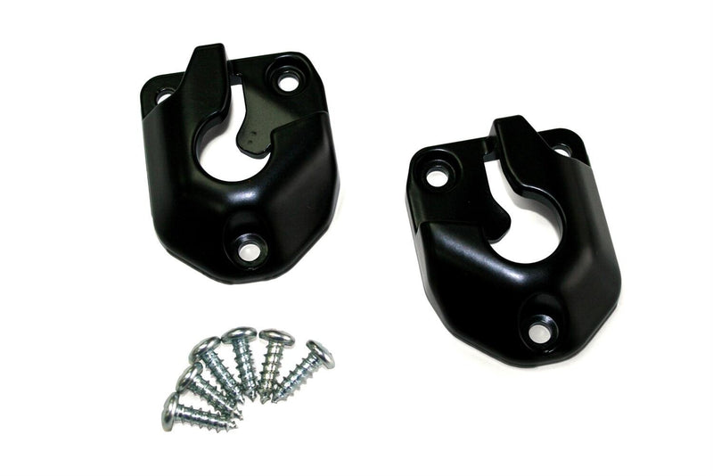 Pair of black molded receiver cups with self-tapping screws, BedXTender mounting kit on white