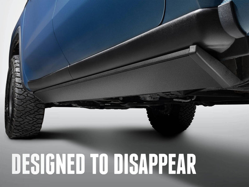 PowerStep tucked under a blue pickup with the text Designed to Disappear