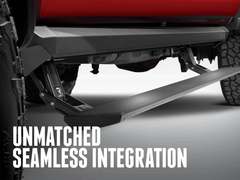 PowerStep XL linkage under a red pickup with the text Unmatched Seamless Integration