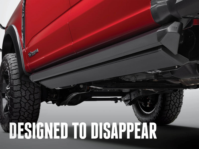 PowerStep XL tucked under a red pickup with the text Designed to Disappear