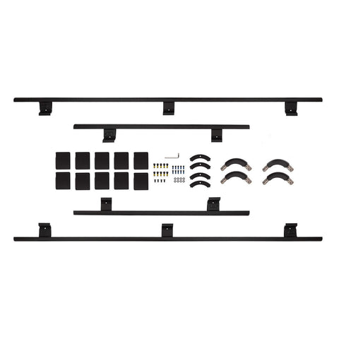 ARB BASE Rack full guard rail kit laid out on white: four rail sections, mounting brackets, pads and hardware