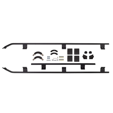 ARB BASE Rack front three-quarter guard rail kit laid out on white: side and front rails, mounting brackets, pads and hardware
