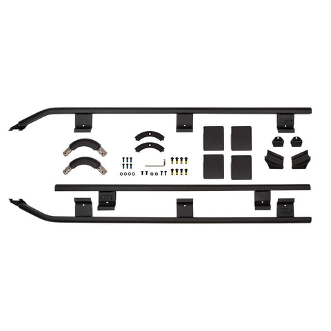 ARB BASE Rack front three-quarter guard rail kit laid out on white: side and front rails, mounting brackets, pads and hardware
