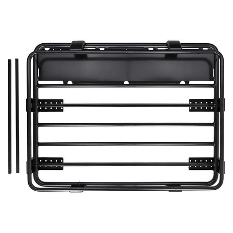 Overhead view of an ARB Classic steel roof rack cage on white, a short wide black round tube rack with cross bars, a wind deflection panel and two separate rails alongside