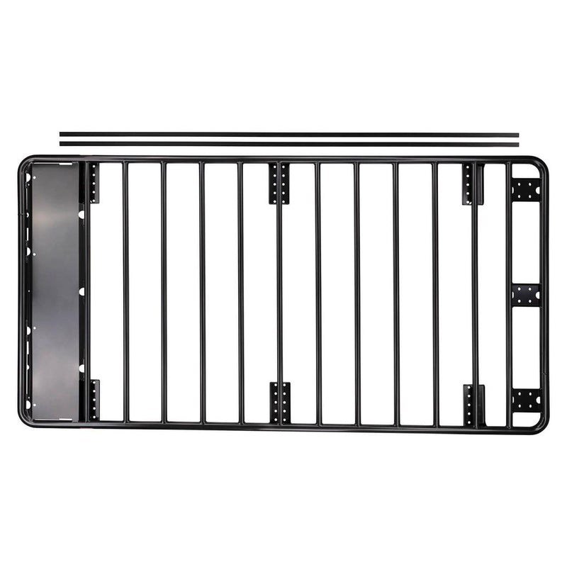 Top-down view of an ARB Classic steel flat roof rack on white, open tube floor with two loose mounting rails above it