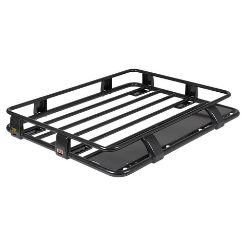 ARB Classic steel roof rack cage on white seen from the front corner, black tube basket with raised side rails and mounting feet