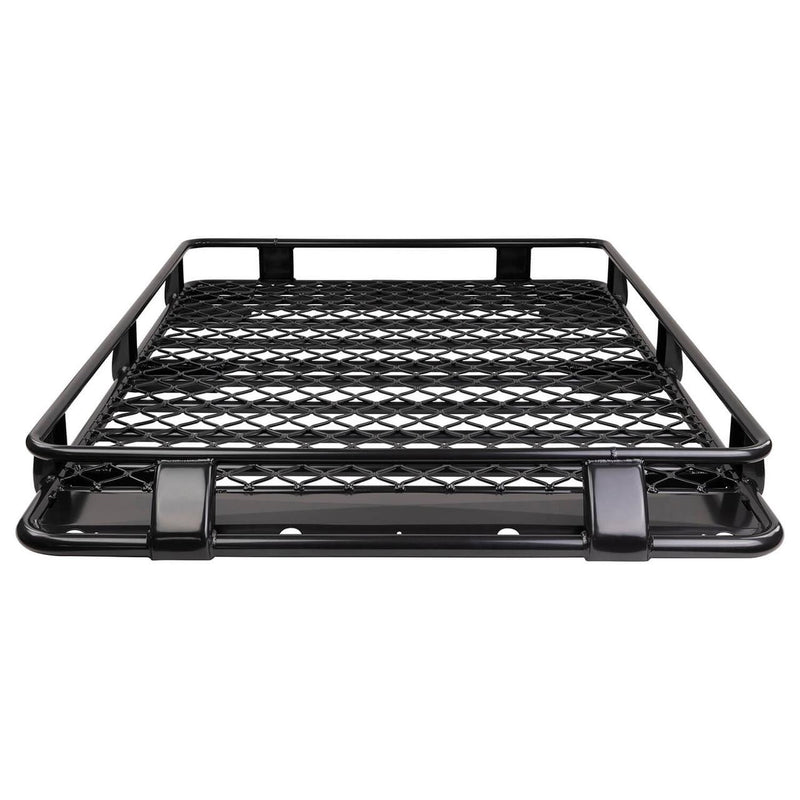 ARB Classic roof rack cage with a diamond mesh floor on white, seen from the front with raised side rails