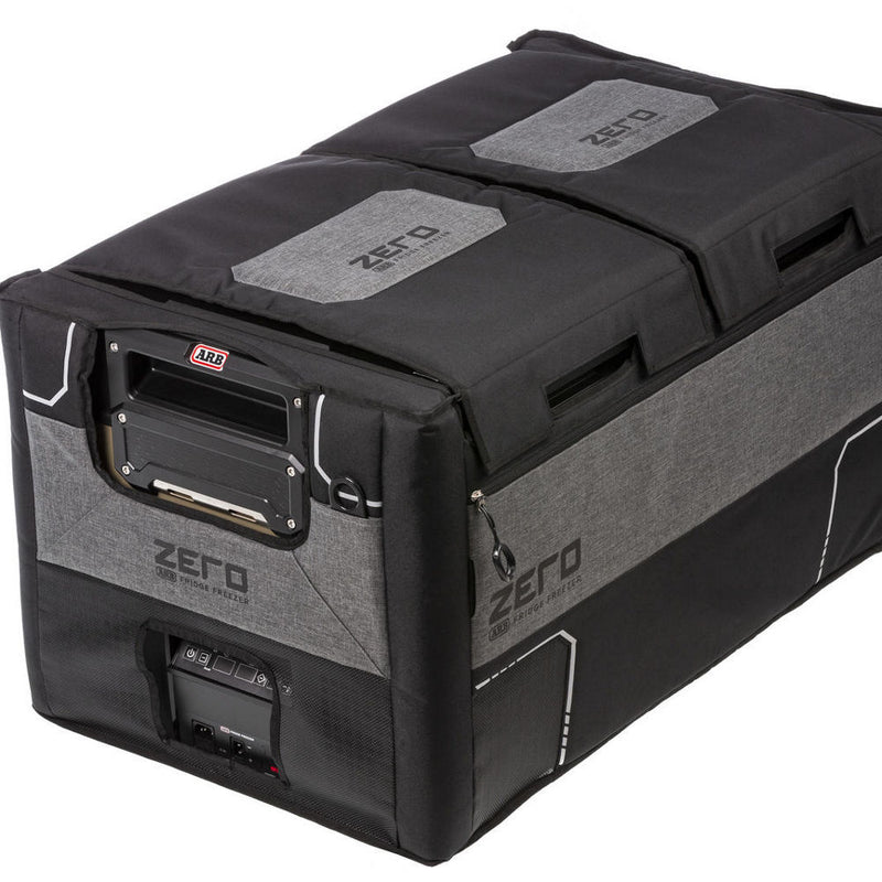 ARB ZERO fridge transit bag for a two-lid ZERO fridge, three-quarter view showing both lid sections