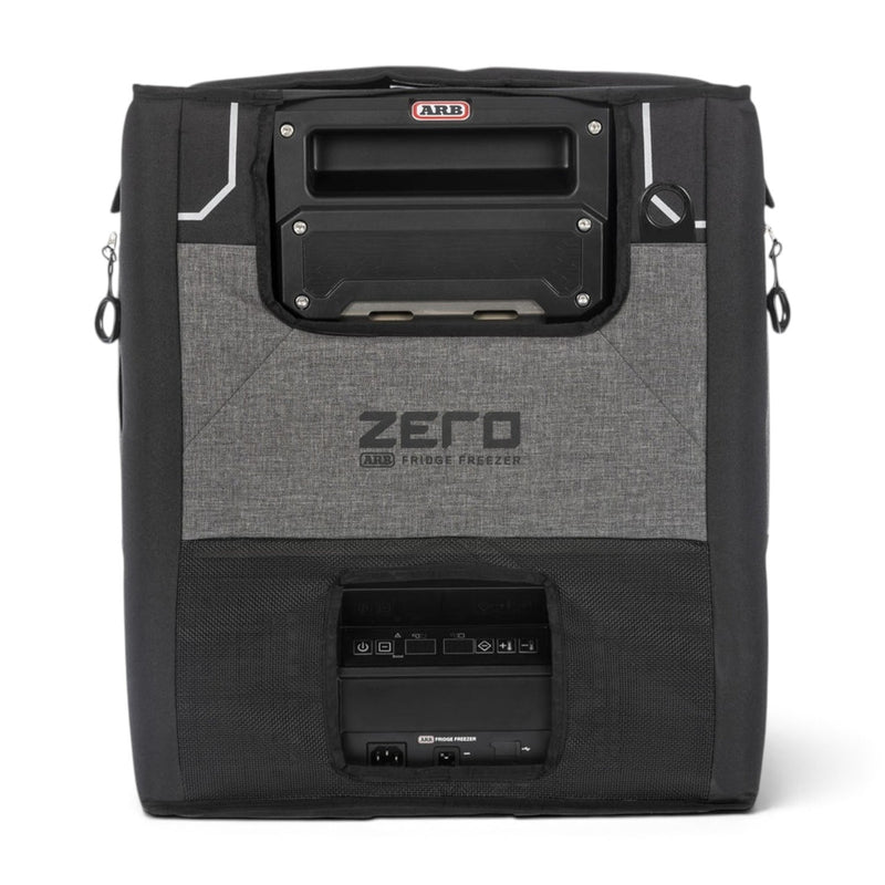 ARB ZERO fridge transit bag on a ZERO fridge, end view with the handle and control panel openings