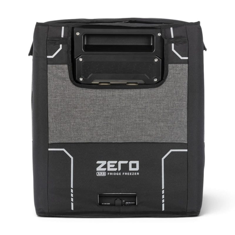 ARB ZERO fridge transit bag on a ZERO fridge, end view with the handle and control panel openings