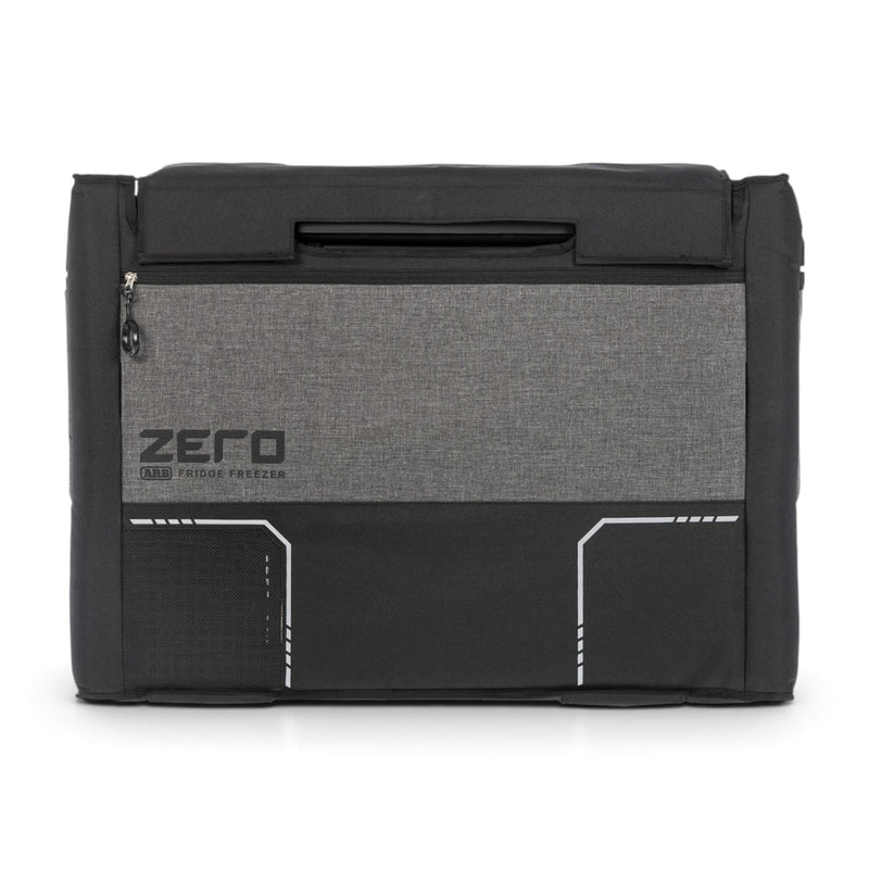 ARB ZERO fridge transit bag fitted on a ZERO fridge, side view with zip pocket and ZERO logo