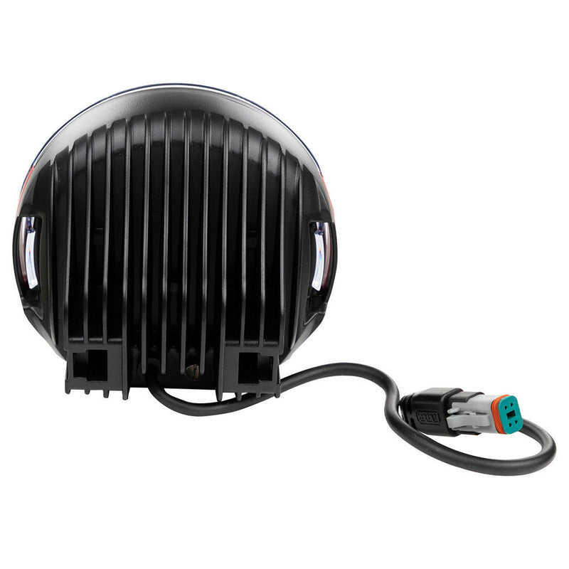 Rear of the ARB Intensity SOLIS LED driving light housing with cooling fins, mounting bracket and connector lead