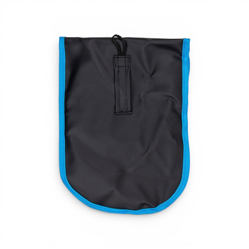 Back of the black ARB Air Systems storage pouch with blue trim and hook-and-loop strap