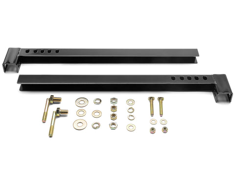 BackRack Crossover Toolbox: two black toolbox mounting rails shown with J-bolts and fastening hardware on a white background