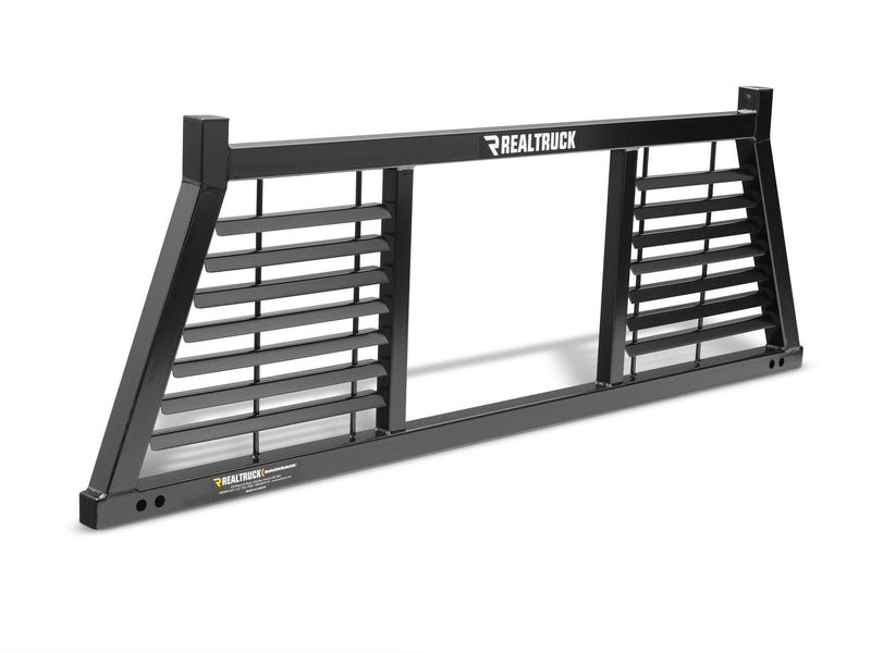 BackRack Half Louvered: black half louvered headache rack at a three-quarter angle on a white background, louvers on both outer panels and an open center (149LV size shown; your part is the same Half Louvered design sized for your truck)