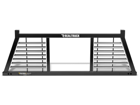 BackRack Half Louvered: black half louvered headache rack seen straight on, with louvered outer panels and an open center window section