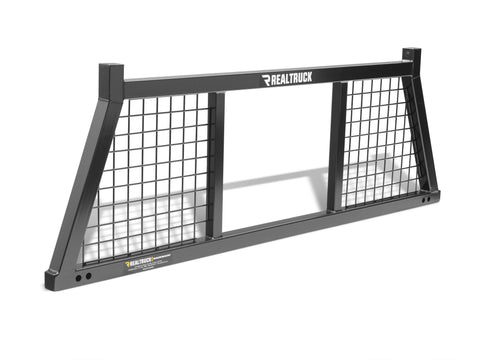 BackRack Half Safety Headache Rack: black rack at a three-quarter angle on a white background, mesh outer panels and open center